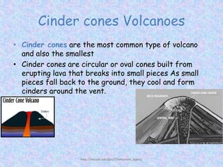 Cinder cones Volcanoes
• Cinder cones are the most common type of volcano
and also the smallest
• Cinder cones are circular or oval cones built from
erupting lava that breaks into small pieces As small
pieces fall back to the ground, they cool and form
cinders around the vent.
http://ete.cet.edu/gcc/?/volcanoes_types/
 