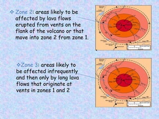  Zone 2: areas likely to be
affected by lava flows
erupted from vents on the
flank of the volcano or that
move into zone 2 from zone 1.
Zone 3: areas likely to
be affected infrequently
and then only by long lava
flows that originate at
vents in zones 1 and 2
.
 