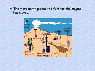  The more earthquakes the further the magma
has moved.
 