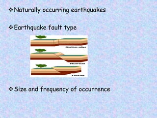 Naturally occurring earthquakes
Earthquake fault type
Size and frequency of occurrence
 