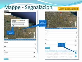 Mappe - Segnalazioni Demo @carovignobot
Marker di
colore
differente a
seconda
dello stato
Dettaglio
Apertura
Media
 