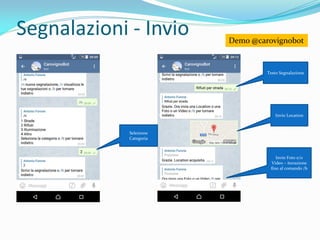 Segnalazioni - Invio
Testo Segnalazione
Invio Location
Invio Foto e/o
Video – iterazione
fino al comando /b
Demo @carovignobot
Selezione
Categoria
 