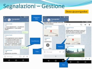 Segnalazioni – Gestione
Demo @carovignobot
Cancellazione
Categoria e
Stato
Video
Location
Foto
 