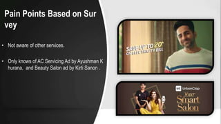 Pain Points Based on Sur
vey
• Not aware of other services.
• Only knows of AC Servicing Ad by Ayushman K
hurana, and Beauty Salon ad by Kirti Sanon .
 
