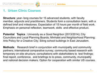 Activities

1. Urban Clinic Courses
Structure: year- long courses for 15 advanced students, with faculty
member, adjuncts and practitioners. Students form a consultation team, with a
defined brief and milestones. Expectation of 15 hours per month of field work.
Emphasis on personal reflection, teamwork, skills and effective product.
Potential Topics : University as a Good Neighbor (2013/2014); City
Councilors and Local Planning Boards; Minhalot and Neighborhood Planning;
Arts Policy for a Creative City; Siting school buildings in East Jerusalem.

Methods: Research brief in conjunction with municipality and community
partners; international comparative survey; community based research with
temporary on-site structure; consultations with stakeholders to test findings;
final report, conference, and briefings to to press, community, municipality
and national decision makers. Option for cooperation with similar US courses.

4

 