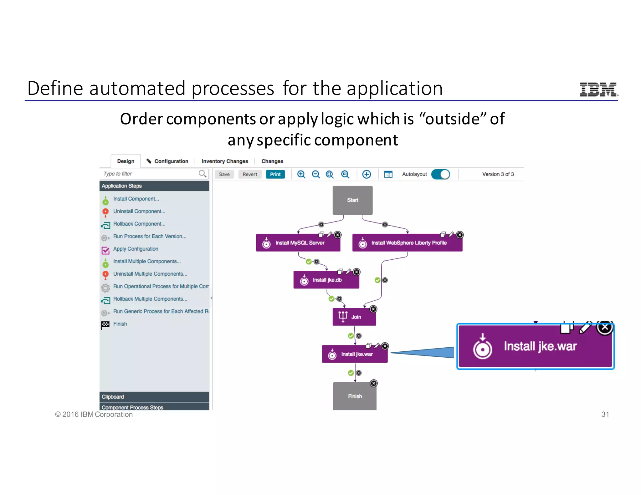 31© 2016 IBM Corporation
Define	automated	processes	for	the	application
Order	components	or	apply	logic	which	is	“outside”	of	
any	specific	component
 