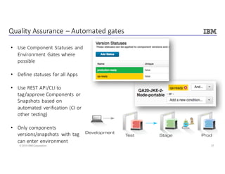 37© 2016 IBM Corporation
Quality	Assurance	– Automated	gates
• Use	Component	Statuses	and	
Environment	Gates	where	
possible
• Define	statuses	for	all	Apps
• Use	REST	API/CLI	to	
tag/approve	Components	 or	
Snapshots	based	on	
automated	verification	(CI	or	
other	testing)
• Only	components	
versions/snapshots	 with	tag	
can	enter	environment
 