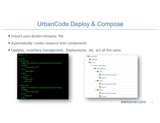 UrbanCode Deploy & Compose
§ Import	your	docker-compose	 file
§ Automatically	 create	resource	tree	components
§ Updates,	Inventory	management,	 Deployments,	 etc.	are	all	the	same.
59
 