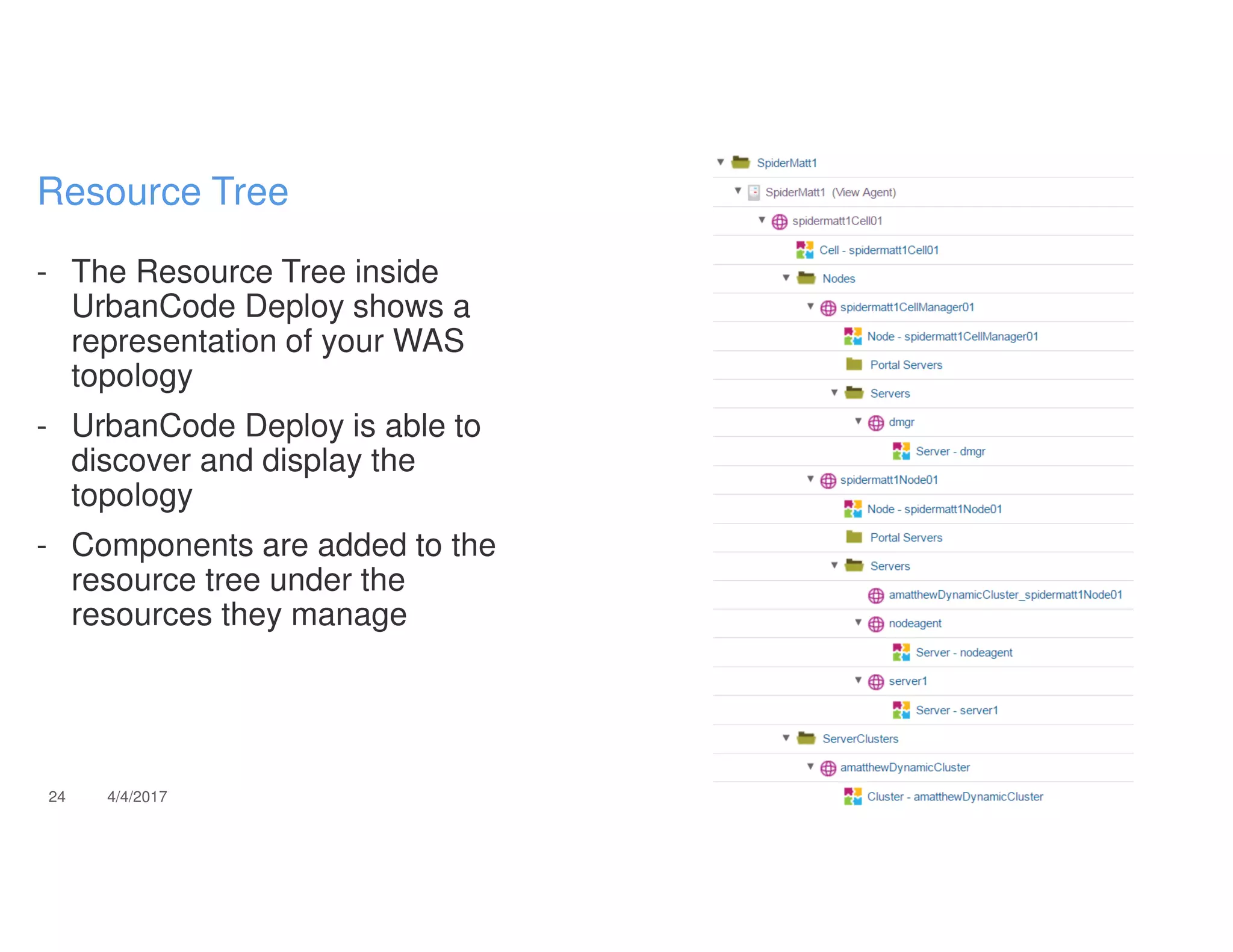 - The Resource Tree inside
UrbanCode Deploy shows a
representation of your WAS
topology
- UrbanCode Deploy is able to
discover and display the
topology
- Components are added to the
resource tree under the
resources they manage
24 4/4/2017
Resource Tree
 