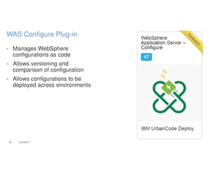 - Manages WebSphere
configurations as code
- Allows versioning and
comparison of configuration
- Allows configurations to be
deployed across environments
10 4/4/2017
WAS Configure Plug-in
 