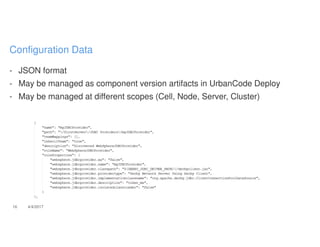 - JSON format
- May be managed as component version artifacts in UrbanCode Deploy
- May be managed at different scopes (Cell, Node, Server, Cluster)
16 4/4/2017
Configuration Data
 