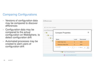 - Versions of configuration data
may be compared to discover
differences
- Configuration data may be
compared to the actual
configuration on WebSphere, to
detect configuration drift
- Automated processes may be
created to alert users of
configuration drift
26 4/4/2017
Comparing Configurations
 