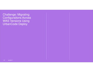 Challenge: Migrating
Configuraitons Across
WAS Versions Using
UrbanCode Deploy
27 4/4/2017
 