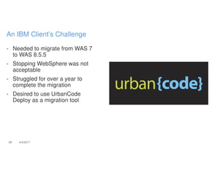 - Needed to migrate from WAS 7
to WAS 8.5.5
- Stopping WebSphere was not
acceptable
- Struggled for over a year to
complete the migration
- Desired to use UrbanCode
Deploy as a migration tool
28 4/4/2017
An IBM Client’s Challenge
 