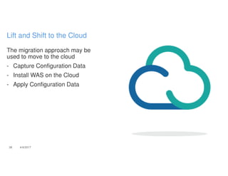 The migration approach may be
used to move to the cloud
- Capture Configuration Data
- Install WAS on the Cloud
- Apply Configuration Data
38 4/4/2017
Lift and Shift to the Cloud
 