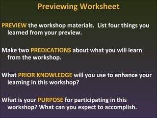 Previewing Worksheet

PREVIEW the workshop materials. List four things you
  learned from your preview.

Make two PREDICATIONS about what you will learn
 from the workshop.

What PRIOR KNOWLEDGE will you use to enhance your
 learning in this workshop?

What is your PURPOSE for participating in this
 workshop? What can you expect to accomplish.
                                                  23
 
