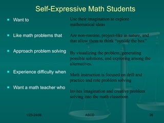 Self-Expressive Math Students
   Want to                      Use their imagination to explore
                                 mathematical ideas

   Like math problems that      Are non-routine, project-like in nature, and
                                 that allow them to think “outside the box”

   Approach problem solving By visualizing the problem, generating
                             possible solutions, and exploring among the
                             alternatives.
   Experience difficulty when
                                 Math instruction is focused on drill and
                                 practice and rote problem solving
   Want a math teacher who
                                 Invites imagination and creative problem
                                 solving into the math classroom


          1/23-24/06                     ASCD                                   26
 