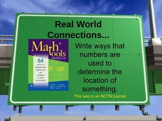 Real World
Connections...
             Write ways that
              numbers are
                 used to
P. 190
             determine the
               location of
               something.
            This was in an NCTM journal



     Cleveland Urban Conference           41
 