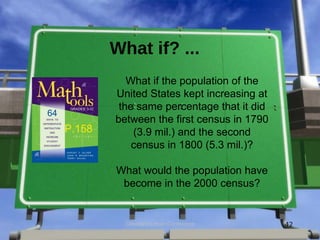 What if? ...
           What if the population of the
        United States kept increasing at
         the same percentage that it did
        between the first census in 1790
P.158       (3.9 mil.) and the second
            census in 1800 (5.3 mil.)?

        What would the population have
         become in the 2000 census?


          Cleveland Urban Conference       42
 