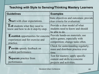 Teaching with Style to Sensing/Thinking Mastery Learners

Guidelines                                Examples
                                       State objectives and outcomes; provide
 S  tart with clear expectations.      clear criteria for evaluation.
T  ell students what they need to       Provide a clear model of what
know and how to do it step-by-step. students need to know and should
                                        be able to do.
 E  stablish opportunities for concrete Provide hands-on materials; use
 experiences and for exercise and       active games, especially with
 practice.                              competition; change tasks often.
                                        Check for understanding regularly;
 P  rovide speedy feedback on           mass and distribute practice over
 student performance.                   time.
                                        Test for mastery; apply specific
 S eparate practice from                content and skills to concrete
 performance.                           projects and activities.

                            Cleveland Urban Conference                   44
 