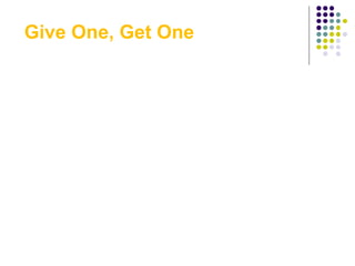 Give One, Get One
                    DIRECTIONS

Stand up, partner with one other person, GIVE one of
  yours, GET one of theirs.

If you both have the same, then create a new idea
    together to add to your lists.

Quickly move to a new partner. Give One, Get One.
  Repeat 4 times for a total of 6 ideas.

Remember: work in dyads. NO HUDDLING, NO
  COPYING OF EACH OTHER’S TOTAL LISTS.


                                                       54
 