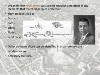 • Urban thinker Kevin Lynch was able to establish a notation of city
elements that matched peoples perception.
• They are identified as:
• Districts
• Paths
• Edges
• Nodes
• Landmarks
• Other elements those can be identified in urban context are
• Landscapes and
• Accessory features.
 