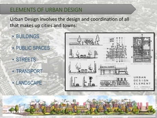 ELEMENTS OF URBAN DESIGN
Urban Design involves the design and coordination of all
that makes up cities and towns:
• BUILDINGS
• PUBLIC SPACES
• STREETS
• TRANSPORT
• LANDSCAPE
 