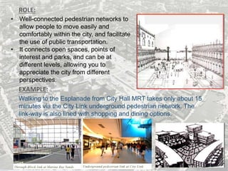 Walking to the Esplanade from City Hall MRT takes only about 15
minutes via the City Link underground pedestrian network. The
link-way is also lined with shopping and dining options.
ROLE:
EXAMPLE:
• Well-connected pedestrian networks to
allow people to move easily and
comfortably within the city, and facilitate
the use of public transportation.
• It connects open spaces, points of
interest and parks, and can be at
different levels, allowing you to
appreciate the city from different
perspectives.
 