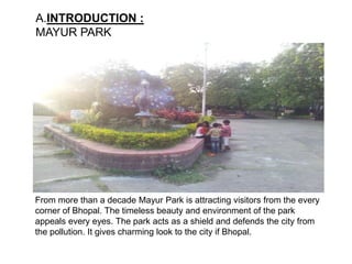A.INTRODUCTION :
MAYUR PARK
From more than a decade Mayur Park is attracting visitors from the every
corner of Bhopal. The timeless beauty and environment of the park
appeals every eyes. The park acts as a shield and defends the city from
the pollution. It gives charming look to the city if Bhopal.
 