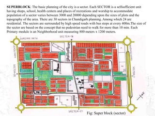 SUPERBLOCK: The basic planning of the city is a sector. Each SECTOR is a selfsufficient unit
having shops, school, health centers and places of recreations and worship to accommodate
population of a sector varies between 3000 and 20000 depending upon the sizes of plots and the
topography of the area. There are 30 sectors in Chandigarh planning. Among which 24 are
residential. The sectors are surrounded by high speed roads with bus stops at every 400m.The size of
the sector are based on the concept that no pedestrian need to walk for more than 10 min. Each
Primary module is an Neighborhood unit measuring 800 meters x 1200 meters.
Fig: Super block (sector)
 