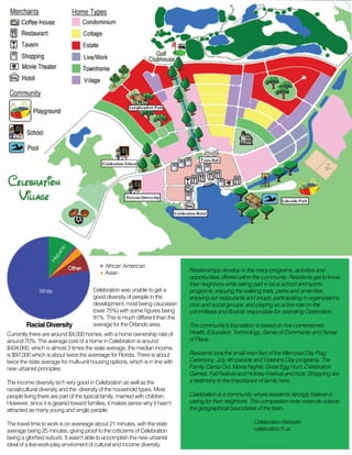 His
pa
nic
White

Racial Diversity

African American
Asian
Celebration was unable to get a
good diversity of people in the
development, most being caucasian
(over 75%) with some ﬁgures being
91%. This is much different than the
average for the Orlando area.

Currently there are around $4,000 homes, with a home ownership rate of
around 70%. The average cost of a home in Celebration is around
$434,000, which is almost 3 times the state average, the median income
is $97,000 which is about twice the avereage for Florida. There is about
twice the state average for multi-unit housing options, which is in line with
new urbanist principles.
The income diversity isn‘t very good in Celebration as well as the
racial/cultural diversity and the diversity of the household types. Most
people living there are part of the typical family, married with children.
However, since it is geared toward families, it makes sense why it hasn‘t
attracted as many young and single people.
The travel time to work is on avereage about 21 minutes, with the state
average being 25 minutes, giving proof to the criticisms of Celebration
being a gloriﬁed suburb. It wasn‘t able to accomplish the new urbanist
ideal of a live-work-play enviroment of cultural and income diversity.

Relationships develop in the many programs, activities and
opportunities offered within the community. Residents get to know
their neighbors while taking part in local school and sports
programs; enjoying the walking trails, parks and amenities;
enjoying our restaurants and shops; participating in organizations,
civic and social groups; and playing an active role on the
committees and Boards responsible for operating Celebration.
The community’s foundation is based on ﬁve cornerstones: 
Health, Education, Technology, Sense of Community and Sense
of Place.
Residents love the small-town feel of the Memorial Day Flag
Ceremony, July 4th parade and Veterans Day programs. The
Family Camp Out, Movie Nights, Great Egg Hunt, Celebration
Games, Fall Festival and Holiday Festival and Kids’ Shopping are
a testimony to the importance of family here.
Celebration is a community where residents strongly believe in
caring for their neighbors. This compassion even extends outside
the geographical boundaries of the town.
- Celebration Website
celebration.ﬂ.us

 