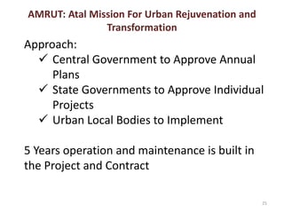 25
AMRUT: Atal Mission For Urban Rejuvenation and
Transformation
Approach:
 Central Government to Approve Annual
Plans
 ...