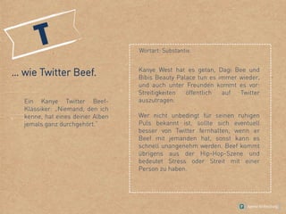 … wie Twitter Beef.
Ein Kanye Twitter Beef-
Klassiker: „Niemand, den ich
kenne, hat eines deiner Alben
jemals ganz durchgehört.“
Wortart: Substantiv.
Kanye West hat es getan, Dagi Bee und
Bibis Beauty Palace tun es immer wieder,
und auch unter Freunden kommt es vor:
Streitigkeiten öffentlich auf Twitter
auszutragen.
Wer nicht unbedingt für seinen ruhigen
Puls bekannt ist, sollte sich eventuell
besser von Twitter fernhalten, wenn er
Beef mit jemanden hat, sonst kann es
schnell unangenehm werden. Beef kommt
übrigens aus der Hip-Hop-Szene und
bedeutet Stress oder Streit mit einer
Person zu haben.
 