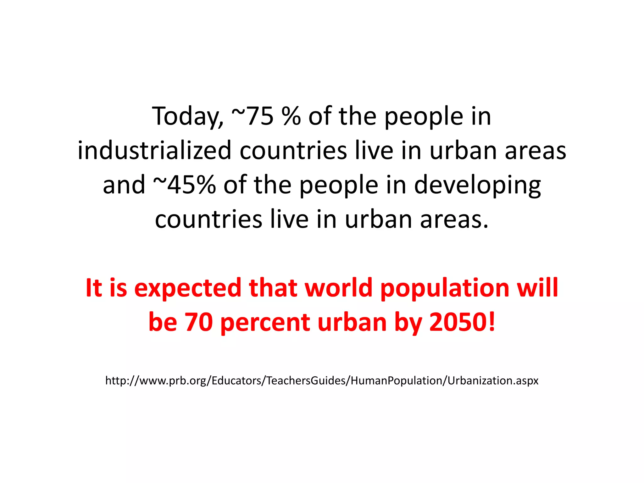 Today, ~75 % of the people in
industrialized countries live in urban areas
and ~45% of the people in developing
countries live in urban areas.
It is expected that world population will
be 70 percent urban by 2050!
http://www.prb.org/Educators/TeachersGuides/HumanPopulation/Urbanization.aspx
 