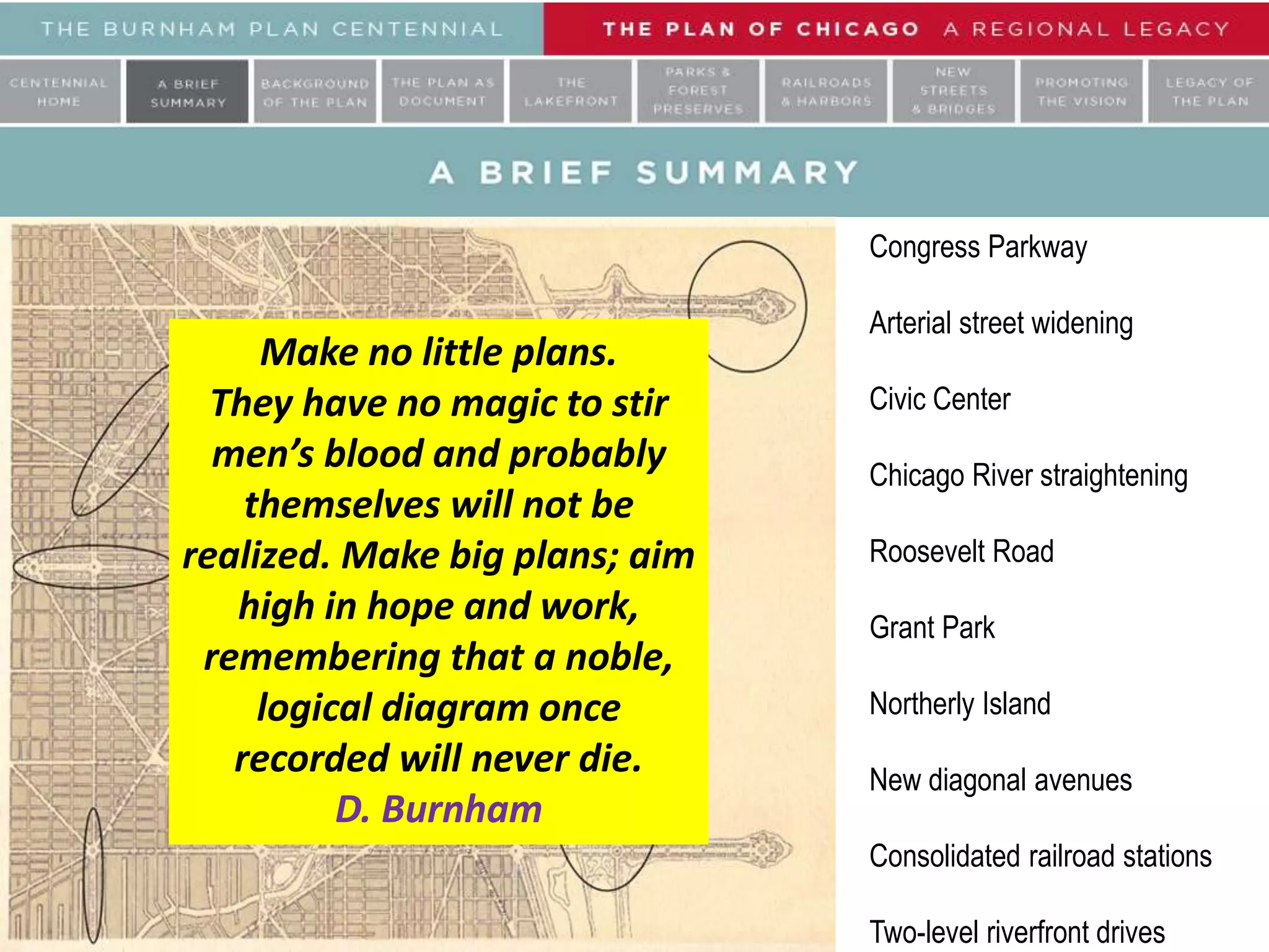 Congress Parkway
Arterial street widening
Civic Center
Chicago River straightening
Roosevelt Road
Grant Park
Northerly Island
New diagonal avenues
Consolidated railroad stations
Two-level riverfront drives
Make no little plans.
They have no magic to stir
men’s blood and probably
themselves will not be
realized. Make big plans; aim
high in hope and work,
remembering that a noble,
logical diagram once
recorded will never die.
D. Burnham
 