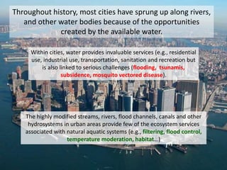 Throughout history, most cities have sprung up along rivers,
and other water bodies because of the opportunities
created by the available water.
Within cities, water provides invaluable services (e.g., residential
use, industrial use, transportation, sanitation and recreation but
is also linked to serious challenges (flooding, tsunamis,
subsidence, mosquito vectored disease).
The highly modified streams, rivers, flood channels, canals and other
hydrosystems in urban areas provide few of the ecosystem services
associated with natural aquatic systems (e.g., filtering, flood control,
temperature moderation, habitat…)
 