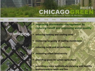  improving stormwater management by
reducing runoff and improving water quality
 reducing heating and cooling costs
 increasing longevity of roofing membranes
 reducing noise and air pollution
 increasing urban biodiversity
 providing space for urban agriculture
 providing a more aesthetically pleasing and healthy
environment to work and live
 