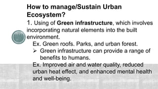 How to manage/Sustain Urban
Ecosystem?
1. Using of Green infrastructure, which involves
incorporating natural elements into the built
environment.
Ex. Green roofs. Parks, and urban forest.
 Green infrastructure can provide a range of
benefits to humans.
Ex. Improved air and water quality, reduced
urban heat effect, and enhanced mental health
and well-being.
 