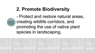 2. Promote Biodiversity
- Protect and restore natural areas,
creating wildlife corridors, and
promoting the use of native plant
species in landscaping.
 
