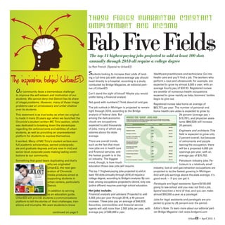 These fields guarantee constant
                                                                                                                        employment and income

                                                                                                                        Fab Five Field$
                                                                                                                        The top 11 highest-paying jobs projected to add at least 100 slots
                                                                                                                        annually through 2018 all require a college degree
                                                                                                                        by Ron French | Special to UrbanED

                                                                                                                        S tudents looking to increase their odds of land-         Healthcare practitioners and technicians: Go into

The inspiration behind UrbanED                                                                                          ing a full-time job with above-average pay should
                                                                                                                        head directly to a hospital, according to a study
                                                                                                                        conducted by Bridge Magazine, an editorial part-
                                                                                                                        ner of UrbanED.
                                                                                                                                                                                  health care and you’ll find a job. The workers who
                                                                                                                                                                                  perform x-rays and ultrasounds, for example, are
                                                                                                                                                                                  expected to grow by almost 9,000 a year, with an
                                                                                                                                                                                  average hourly pay of $32.83. Registered nurses
 O   ur community faces a tremendous challenge
                                                                                                                        Can’t stand the sight of blood? Maybe you would
                                                                                                                                                                                  are another of numerous health occupations
 to improve the self-esteem and motivation of our                                                                                                                                 expected to grow rapidly as baby boomers’ bodies
                                                                                                                        prefer being a financial analyst.
 students. We cannot deny that Detroit has its share                                                                                                                              begin to give out.
 of image problems. However, many of those image                                                                        Not good with numbers? Think about oil and gas.
                                                                                                                                                                                  Registered nurses take home an average of
 problems cast an unnecessary and unfair shadow
                                                                                                                        The job outlook in Michigan is projected to remain        $63,773 per year. The number of personal and
 over its students.
                                                                                                                        tight through 2018, according to the Bridge               home health care aides is expected to grow by
 This statement is as true today as when we original-                                                                   analysis of federal data. But                                                  29 percent (average pay =
 ly made it more 20 years ago when we launched the                                                                      among the dark economic                                                        $19,781), and physician assis-
 Chronicle’s student-written MC Timz section, which                                                                     clouds are occupations                                                         tants ($86,528) will increase
 was dedicated to breaking down the stereotypes                                                                         expected to add thousands                                                      26 percent.
 regarding the achievements and abilities of urban                                                                      of jobs, many of which pay
                                                                                                                                                                                                        Engineers and architects: This
 students, as well as providing an unprecedented                                                                        salaries above the state
                                                                                                                                                                                                        field is expected to grow only
 platform for students to express themselves.                                                                           average.
                                                                                                                                                                                                        2 percent overall, but because
 It worked. Many of MC Timz’s student writers won                                                                       There are overall trends,                                                       of retirements and people
 full academic scholarships, earned undergradu-                                                                         such as the fact that most                                                      leaving the occupation, there
 ate and graduate degrees and are now in mid and                                                                        new jobs are in health care                                                     will be a projected 4,000 job
 senior-level corporate posts making lasting contri-                                                                    and financial services, and                                                     openings per year, with an
 butions to our community.                                                                                              the fastest growth is in the                                                    average pay of $70,762.
                                                                                                                        oil industry. The biggest
 Something that good bears duplicating and that’s                                                                                                                                                       Petroleum industry jobs: Pe-
                                                                                                                        trend, though, is how much
                                       why we originated                                                                                                                                                troleum is a relatively small
                Urban                  UrbanED, the next gen-
                             COLLEGE LIFE        CULTURE
                                                                     ED       CAREER
                                                                                                                        education those new jobs will require.
                                                                                                                                                                                  industry, but oil and gas extraction occupations are
                       BLACK OUT
                     Does acting Black
                     hinder student
                                       eration of Chronicle
                                       media products aimed at
                                                                                                                        The top 11 highest-paying jobs projected to add at
                                                                                                                        least 100 slots annually through 2018 all require a
                                                                                                                                                                                  projected to be the fastest growing in Michigan.
                                                                                                                                                                                  And with job earnings above the state average, it’s
                     achievement?
                                       supporting students in
                                        By Maya Brooks
                                        Because I was smart, I was called white girl, book-
                                        worm, nerd and geek. It didn’t help that I wore
                                        glasses.
                                                                                                                        college degree, according to Bridge’s analysis. By con-   good work — if you can get it.
                                       urban centers, particularly                                                      trast, among occupations projected to shrink, only one
                                        Nearly every day after school, I read every book I
                                        could at the library or made crafts with my grand-
                                        mother who lived down the street from my Catholic
                                        all-girl’s high school. But on the days I didn’t wait




                                                                                                                                                                                  Paralegals and legal assistants: Spend $100,000
                                        out the two hours to ride home with my mother
                                        from work, I had to catch the public transit bus. That
                                        automatically meant torture. “Yeah, there go them




                                       Detroit.                                                                         (police officers) requires post-high school education.
                                        Catholic school girls,” the boys sitting in the back of
                                        the bus would shout out. “Just look at them with all
                                        those books.” “Yeah, they real smart.”
                                                                         continued on page 13



 The Great
 DEBATE
           Making It DPS
                        EMU             SCHOLARSHIPS                                                                                                                              going to law school and you may not find a job,
                                                                                                                        Hot jobs include:
     Choose             Student                                -Awards total


                              In addition to serving                                                                                                                              Spend less than a third of that, and you can make
       your words       entrepreneur                           $77.4 million
       carefully if     grows web                              – and are
       you expect to    agency, funds                          growing
       win              scholarship




                             as an education guide,                                                                     Financial analysts and advisers: Projected to add         almost $50,000 a year as a paralegal.
                                                                        UrbanED • April 2012 1




 UrbanED will provide students a communications                                                                         3,563 jobs per year through 2018, a 49 percent
                                                                                                                                                                                  Jobs for legal assistants and paralegals are pro-
 platform to tell the stories of their challenges, tran-                                                                increase. These jobs pay an average of $44,928.
                                                                                                                                                                                  jected to grow by 28 percent over the period.
 sitions and triumphs. We want students to know                                                                         Securities, commodities and financial service
                                                                                                                        agents will add more than 2,500 jobs per year, with       Editor’s Note: To learn more about our editorial part-
                                                                                                  continued on page 5   average pay of $46,000 a year.                            ner Bridge Magazine visit: www.bridgemi.com

                                                                                                                                                                                                                UrbanED • April 2012 3
 