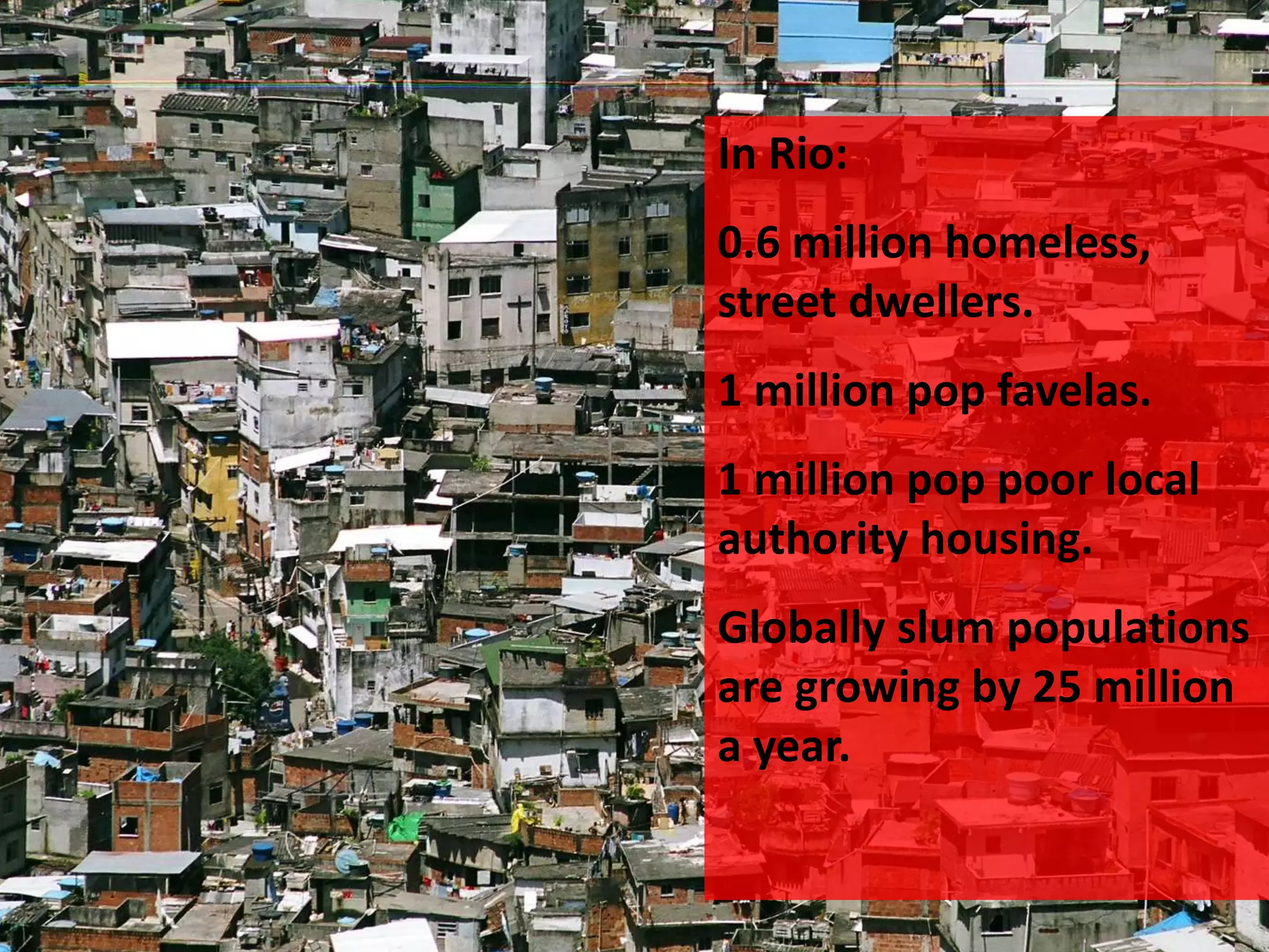 In Rio:
0.6 million homeless,
street dwellers.
1 million pop favelas.
1 million pop poor local
authority housing.
Globally slum populations
are growing by 25 million
a year.
 