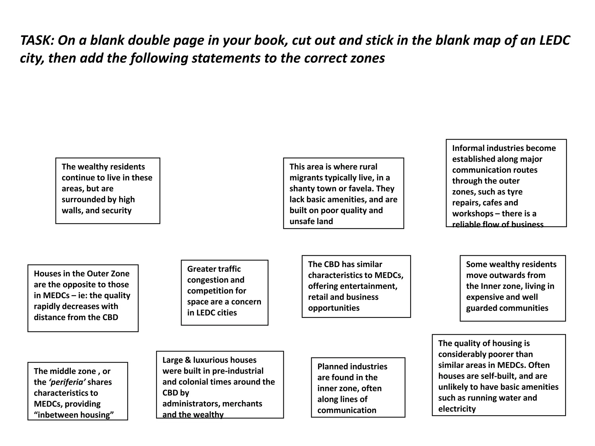 TASK: On a blank double page in your book, cut out and stick in the blank map of an LEDC
city, then add the following statements to the correct zones




                                                                                                        Informal industries become
                                                                                                        established along major
         The wealthy residents                                       This area is where rural           communication routes
         continue to live in these                                   migrants typically live, in a      through the outer
         areas, but are                                              shanty town or favela. They        zones, such as tyre
         surrounded by high                                          lack basic amenities, and are      repairs, cafes and
         walls, and security                                         built on poor quality and          workshops – there is a
                                                                     unsafe land                        reliable flow of business



                                                                         The CBD has similar                Some wealthy residents
                                           Greater traffic
  Houses in the Outer Zone                                               characteristics to MEDCs,          move outwards from
                                           congestion and
  are the opposite to those                                              offering entertainment,            the Inner zone, living in
                                           competition for
  in MEDCs – ie: the quality                                             retail and business                expensive and well
                                           space are a concern
  rapidly decreases with                                                 opportunities                      guarded communities
                                           in LEDC cities
  distance from the CBD

                                                                                                     The quality of housing is
                                                                                                     considerably poorer than
                                     Large & luxurious houses
                                                                            Planned industries       similar areas in MEDCs. Often
  The middle zone , or               were built in pre-industrial
                                                                            are found in the         houses are self-built, and are
  the ‘periferia’ shares             and colonial times around the
                                                                            inner zone, often        unlikely to have basic amenities
  characteristics to                 CBD by
                                                                            along lines of           such as running water and
  MEDCs, providing                   administrators, merchants
                                                                            communication            electricity
  “inbetween housing”                and the wealthy
 