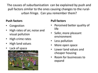 The causes of suburbanisation can be explained by push and
 pull factors similar to the ones causing changes to the rural-
           urban fringe. Can you remember them?

Push factors                     Pull factors
• Congestion                     • Perceived better quality of
• High rates of air, noise and     life
  visual pollution               • Safer, more pleasant
                                   environment
• High crime rates
                                 • Less pollution
• High land values               • More open space
• Lack of space                  • Lower land values and
                                   cheaper housing
                                 • Room for businesses to
                                   expand
 