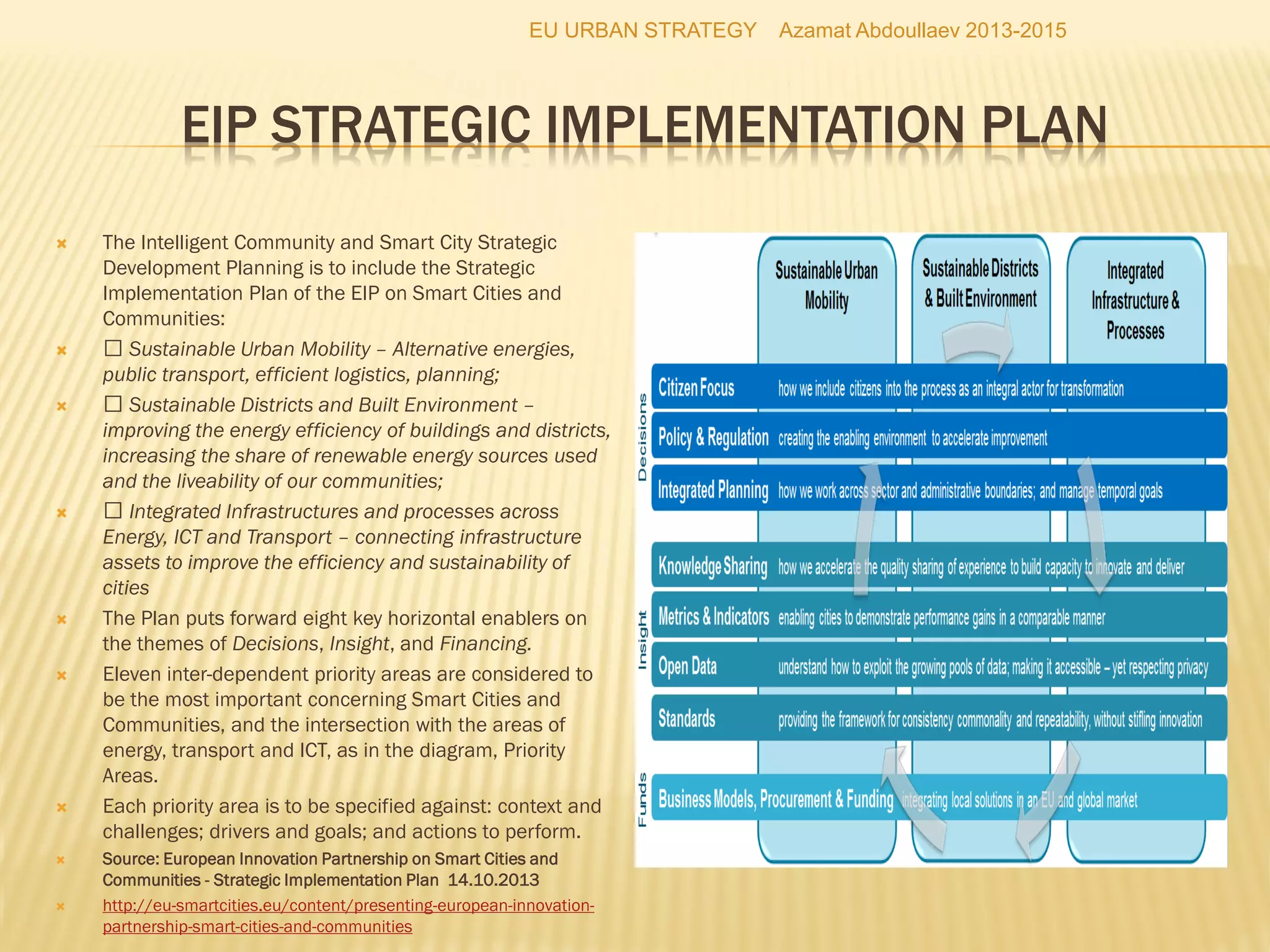  The Intelligent Community and Smart City Strategic
Development Planning is to include the Strategic
Implementation Plan of the EIP on Smart Cities and
Communities:
  Sustainable Urban Mobility – Alternative energies,
public transport, efficient logistics, planning;
  Sustainable Districts and Built Environment –
improving the energy efficiency of buildings and districts,
increasing the share of renewable energy sources used
and the liveability of our communities;
  Integrated Infrastructures and processes across
Energy, ICT and Transport – connecting infrastructure
assets to improve the efficiency and sustainability of
cities
 The Plan puts forward eight key horizontal enablers on
the themes of Decisions, Insight, and Financing.
 Eleven inter-dependent priority areas are considered to
be the most important concerning Smart Cities and
Communities, and the intersection with the areas of
energy, transport and ICT, as in the diagram, Priority
Areas.
 Each priority area is to be specified against: context and
challenges; drivers and goals; and actions to perform.
 Source: European Innovation Partnership on Smart Cities
and Communities - Strategic Implementation Plan
14.10.2013
 http://eu-smartcities.eu/content/presenting-european-innovation-partnership-smart-cities-and-communities
EU URBAN STRATEGY Azamat Abdoullaev 2013-2015
 