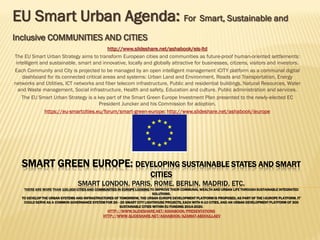 EU Smart Urban Agenda:EU Smart Urban Agenda: ForFor Smart,Smart,
Sustainable and Inclusive COMMUNITIES AND CITIESSustainable and Inclusive COMMUNITIES AND CITIES
http://www.slideshare.net/ashabook/urban-europe; httphttp://://www.slideshare.net/ashabook/eis-ltdwww.slideshare.net/ashabook/eis-ltd
The EU Smart Urban Strategy aims to transform European cities and communities as future-proof human-oriented settlements:
intelligent and sustainable, smart and innovative, locally and globally attractive for businesses, citizens, visitors and investors.
Each Community and City is projected to be managed by an open intelligent management iCITY platform as a communal digital
dashboard for its connected critical areas and systems: Urban Land and Environment, Roads and Transportation, Energy
networks and Utilities, ICT networks and fiber telecom infrastructure, Public and residential buildings, Natural Resources, Water
and Waste management, Social infrastructure, Health and safety, Education and culture, Public administration and services.
The EU Smart Urban Strategy is a key part of the Smart Green Europe Investment Plan presented to the newly-elected EC
President Juncker and his new Commission for adoption.
https://eu-smartcities.eu/forum/smart-green-europe; http://www.slideshare.net/ashabook/ieurope
 