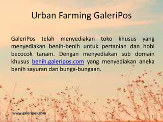 Urban Farming GaleriPos
GaleriPos telah menyediakan toko khusus yang
menyediakan benih-benih untuk pertanian dan hobi
becocok tanam. Dengan menyediakan sub domain
khusus benih.galeripos.com yang menyediakan aneka
benih sayuran dan bunga-bungaan.
www.galeripos.com
2
 