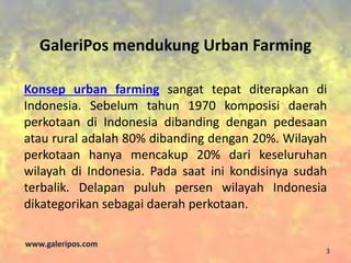 GaleriPos mendukung Urban Farming
Konsep urban farming sangat tepat diterapkan di
Indonesia. Sebelum tahun 1970 komposisi daerah
perkotaan di Indonesia dibanding dengan pedesaan
atau rural adalah 80% dibanding dengan 20%. Wilayah
perkotaan hanya mencakup 20% dari keseluruhan
wilayah di Indonesia. Pada saat ini kondisinya sudah
terbalik. Delapan puluh persen wilayah Indonesia
dikategorikan sebagai daerah perkotaan.
www.galeripos.com
3
 