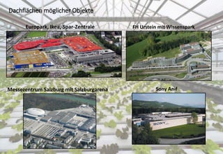 Dachflächen möglicher Objekte
Messezentrum Salzburg mit Salzburgarena Sony Anif
FH Urstein mit WissensparkEuropark, Ikea, Spar-Zentrale
 