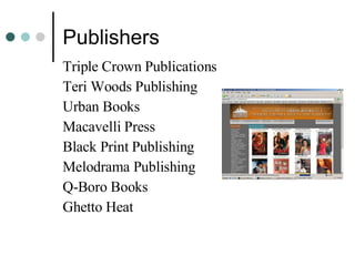 Publishers Triple Crown Publications Teri Woods Publishing Urban Books Macavelli Press Black Print Publishing Melodrama Publishing Q-Boro Books Ghetto Heat  