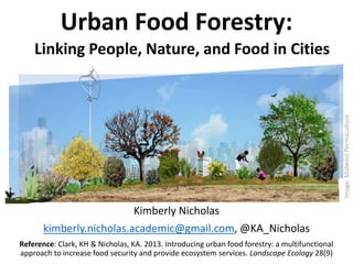Urban Food Forestry:
Linking People, Nature, and Food in Cities
Kimberly Nicholas
kimberly.nicholas.academic@gmail.com, @KA_Nicholas
Reference: Clark, KH & Nicholas, KA. 2013. Introducing urban food forestry: a multifunctional
approach to increase food security and provide ecosystem services. Landscape Ecology 28(9)
Image:MidwestPermaculture
 